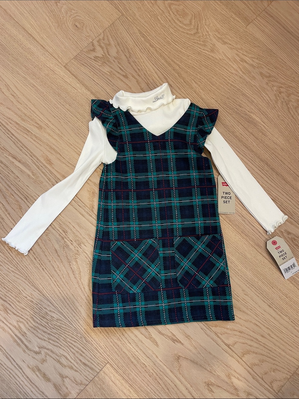 Levi's Green and Navy Plaid Pinafore with Cream Ruffle Turtleneck